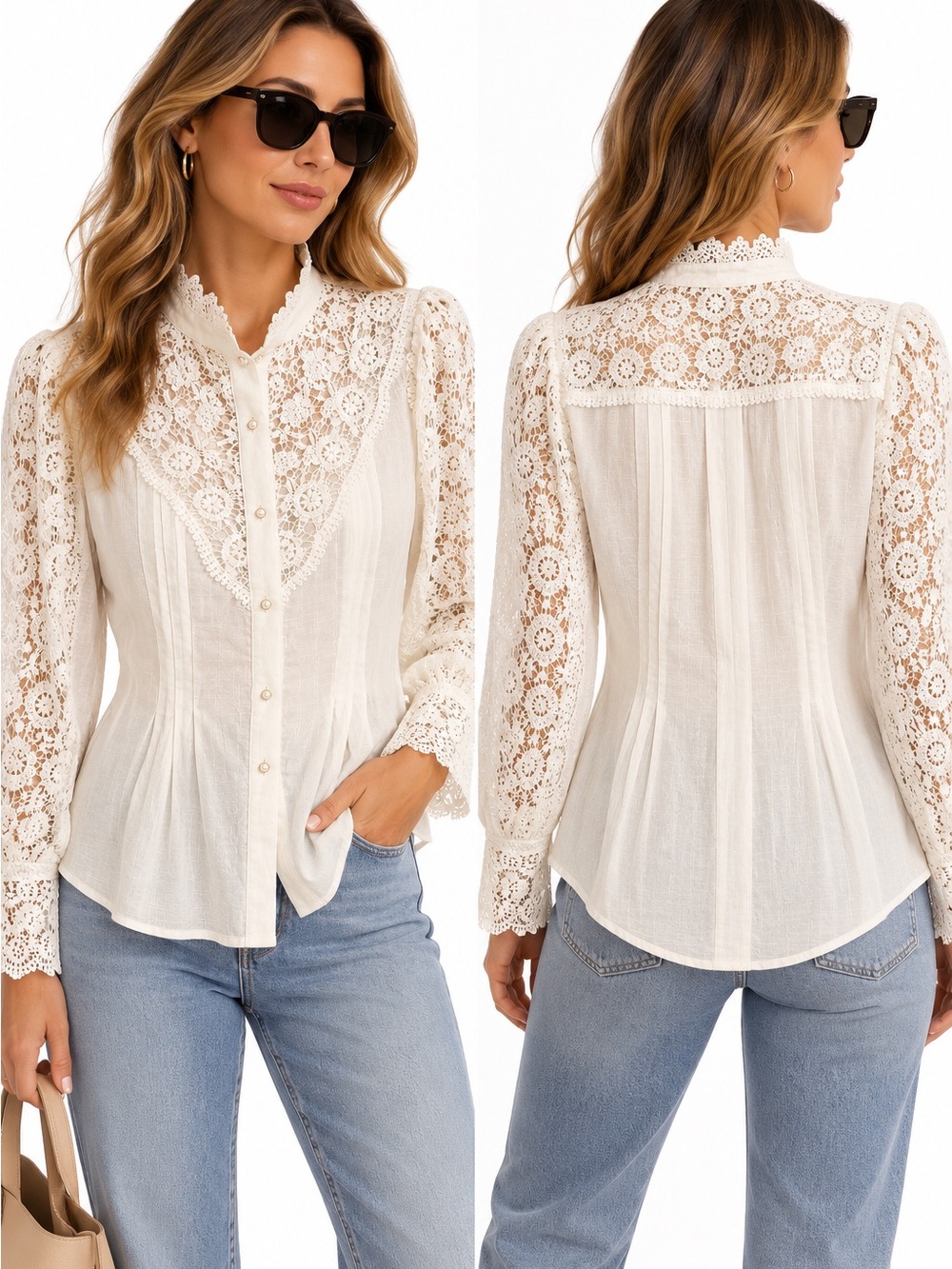 Women's Ivory Lace Yoke Button-Down Blouse Handmade in Italy